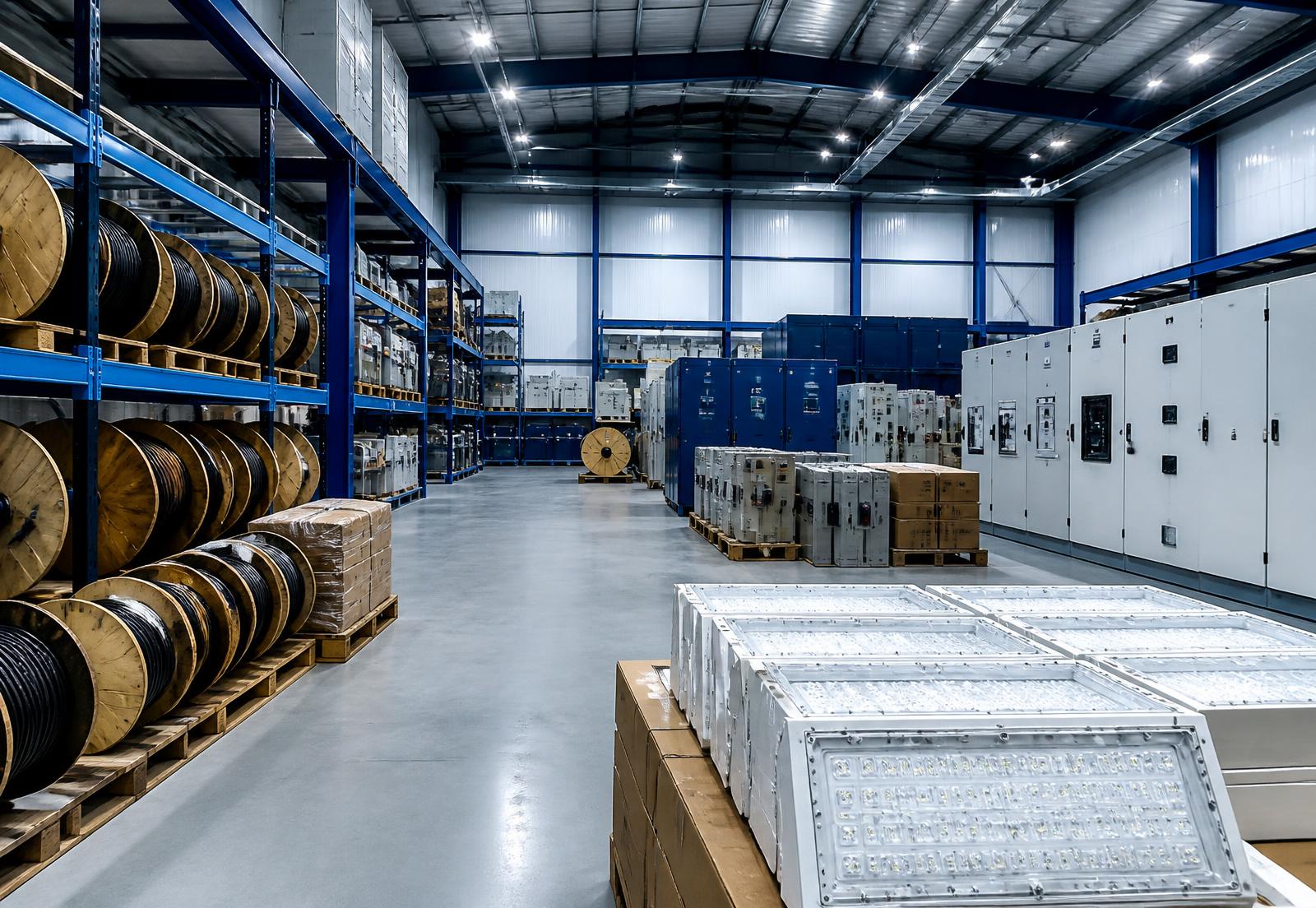 Electrical distribution warehouse with cable drums, switchgear panels and industrial luminaires